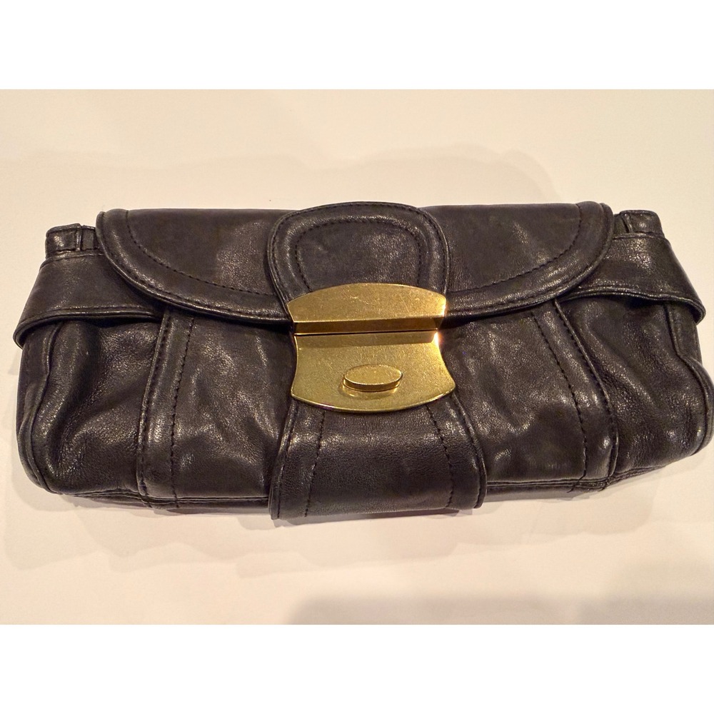 Kooba Black Leather Clutch Handbag Gold Hardware Evening Bag